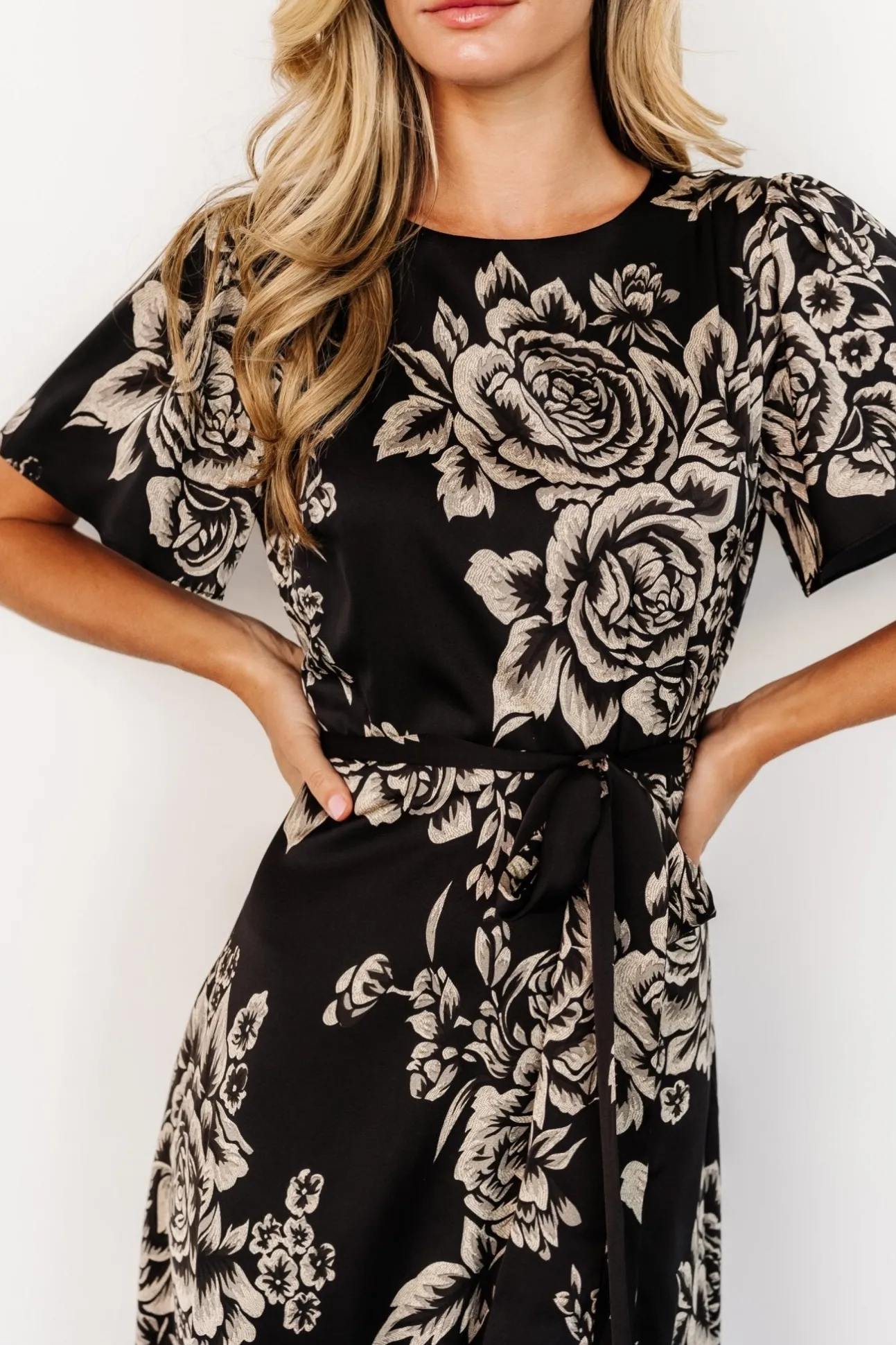 Agnes Satin Maxi Dress | Black + Cream Floral | Baltic Born Shop
