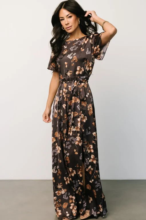 Agnes Satin Maxi Dress | Brown Floral | Baltic Born Discount