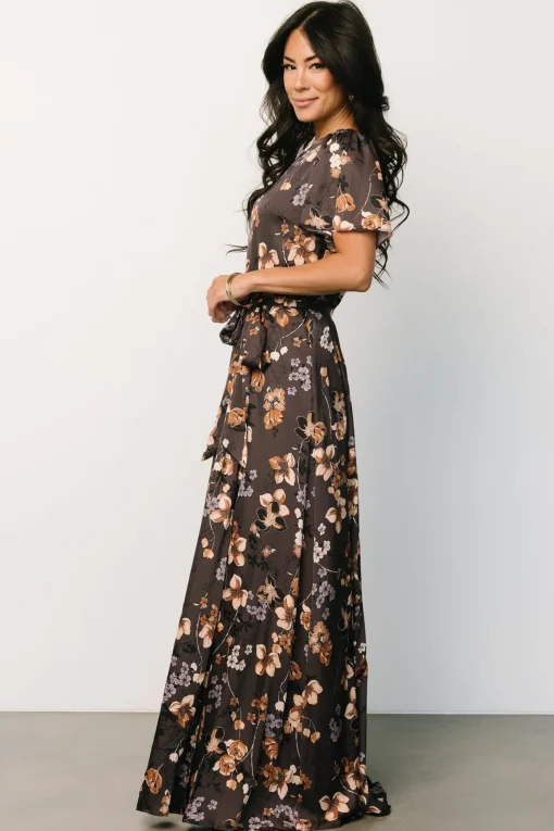 Agnes Satin Maxi Dress | Brown Floral | Baltic Born Discount