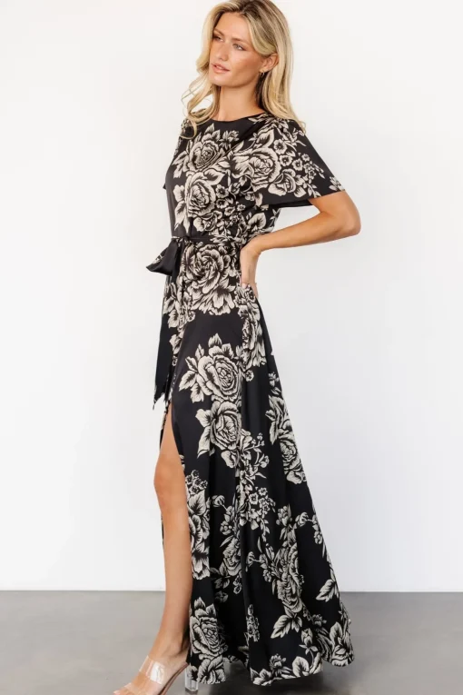 Agnes Satin Maxi Dress | Black + Cream Floral | Baltic Born Shop