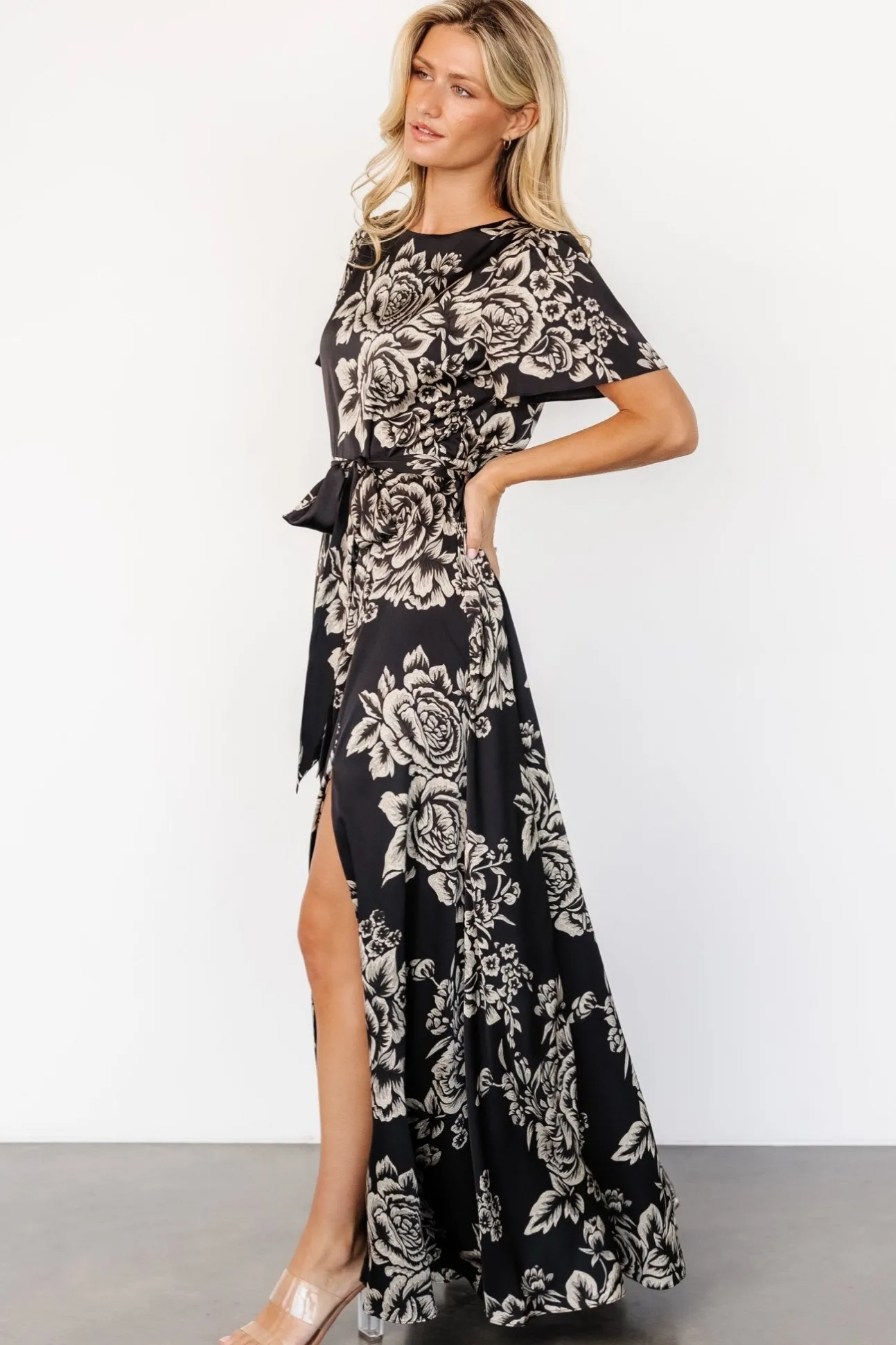 Agnes Satin Maxi Dress | Black + Cream Floral | Baltic Born Shop