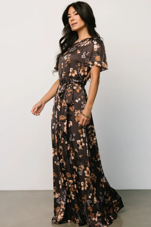 Agnes Satin Maxi Dress | Brown Floral | Baltic Born Discount