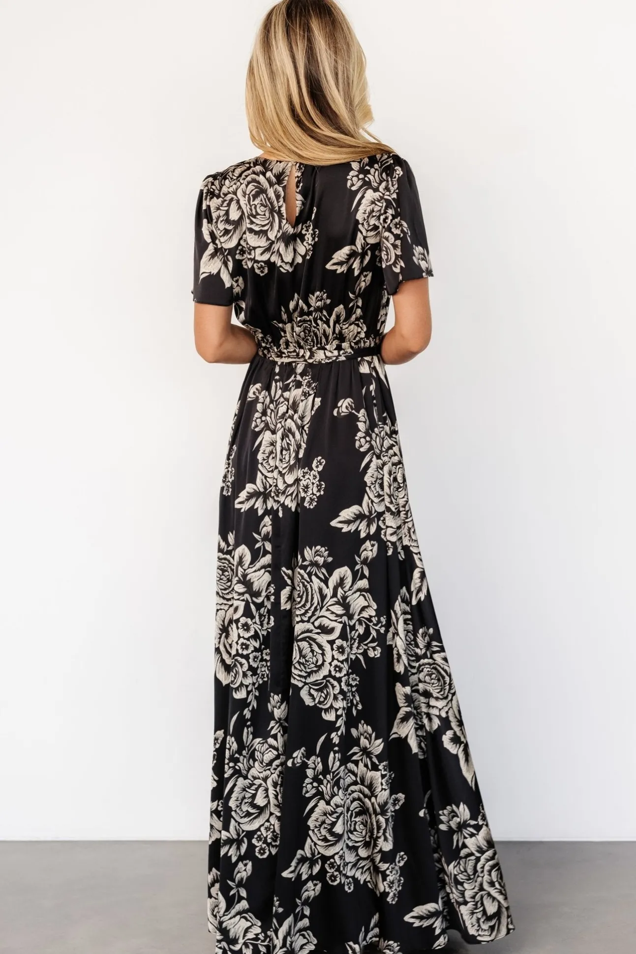 Agnes Satin Maxi Dress | Black + Cream Floral | Baltic Born Shop