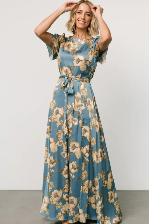 Agnes Satin Maxi Dress | Blue + Gold | Baltic Born Best Sale