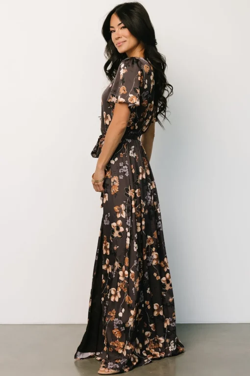 Agnes Satin Maxi Dress | Brown Floral | Baltic Born Discount
