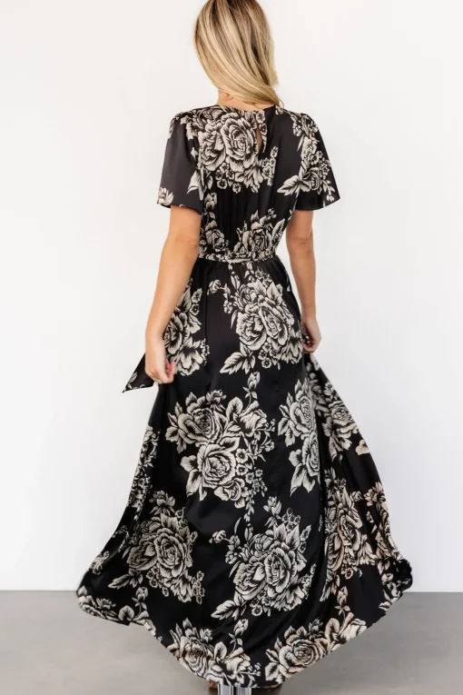 Agnes Satin Maxi Dress | Black + Cream Floral | Baltic Born Shop