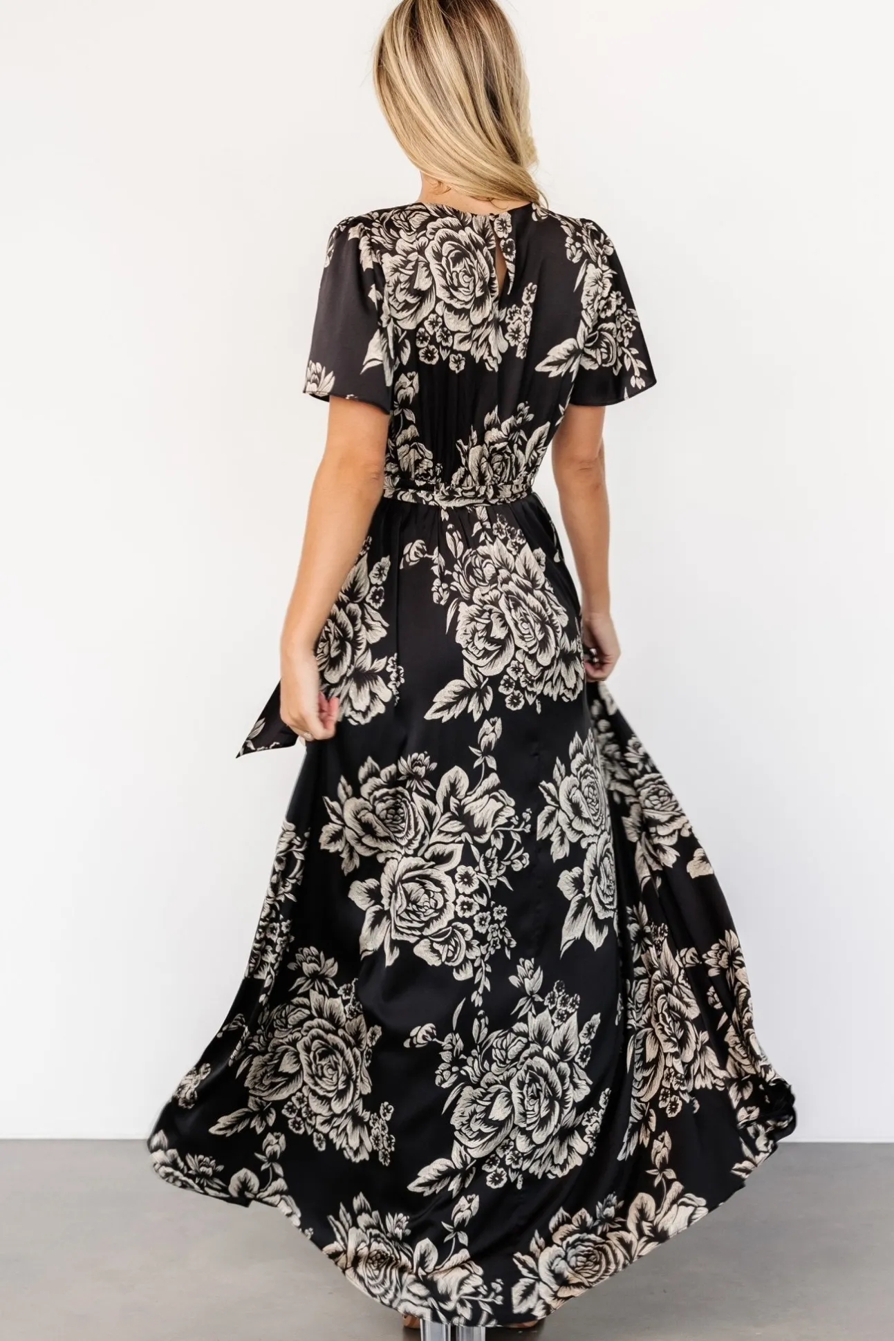 Agnes Satin Maxi Dress | Black + Cream Floral | Baltic Born Shop