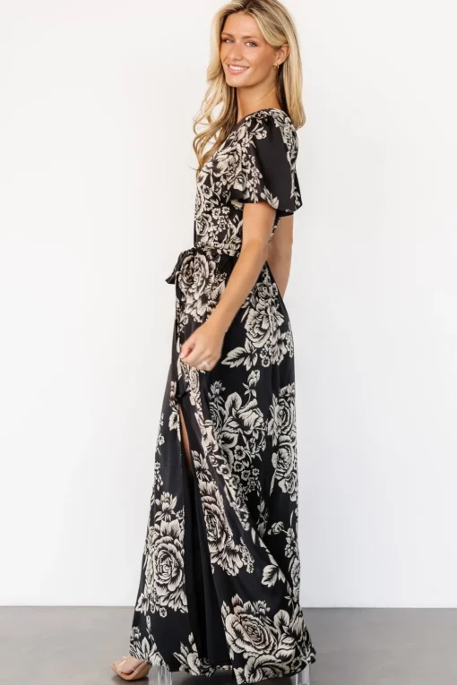 Agnes Satin Maxi Dress | Black + Cream Floral | Baltic Born Shop