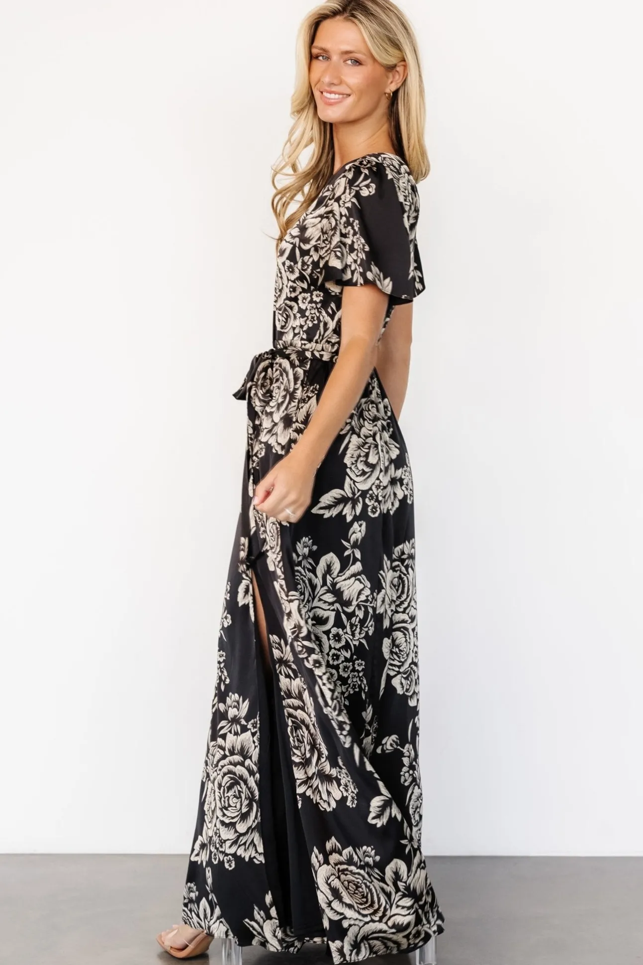 Agnes Satin Maxi Dress | Black + Cream Floral | Baltic Born Shop