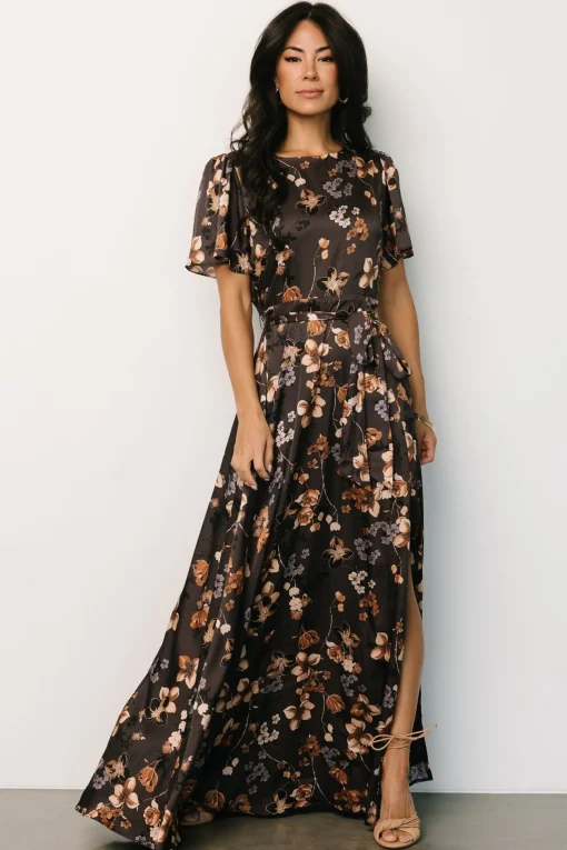 Agnes Satin Maxi Dress | Brown Floral | Baltic Born Discount