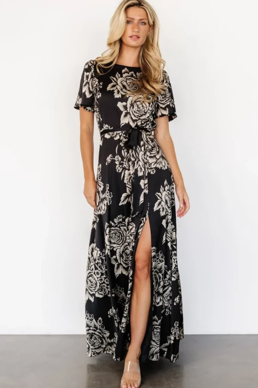 Agnes Satin Maxi Dress | Black + Cream Floral | Baltic Born Shop