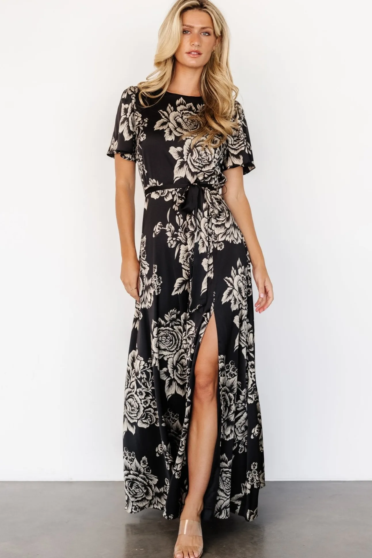 Agnes Satin Maxi Dress | Black + Cream Floral | Baltic Born Shop