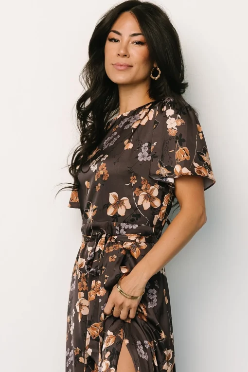 Agnes Satin Maxi Dress | Brown Floral | Baltic Born Discount
