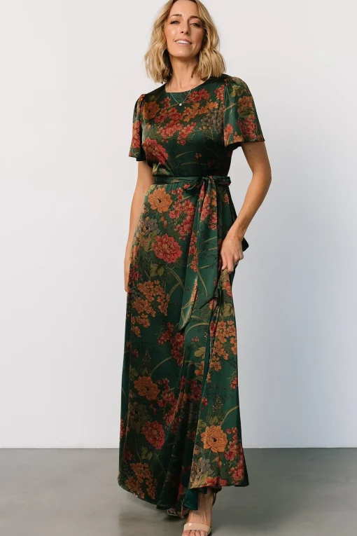 Agnes Satin Maxi Dress | Dark Green Floral | Baltic Born Flash Sale
