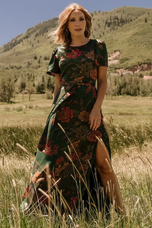 Agnes Satin Maxi Dress | Dark Green Floral | Baltic Born Flash Sale
