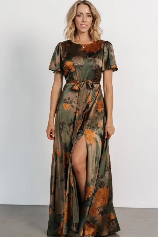Agnes Satin Maxi Dress | Olive Floral | Baltic Born Discount