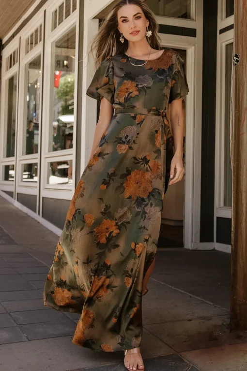 Agnes Satin Maxi Dress | Olive Floral | Baltic Born Discount