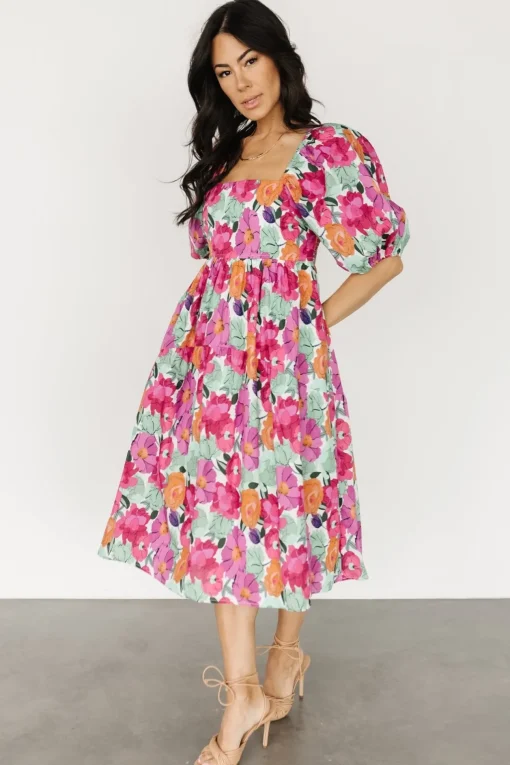 Aimee Puff Sleeve Midi Dress | Pink Multi | Baltic Born Sale