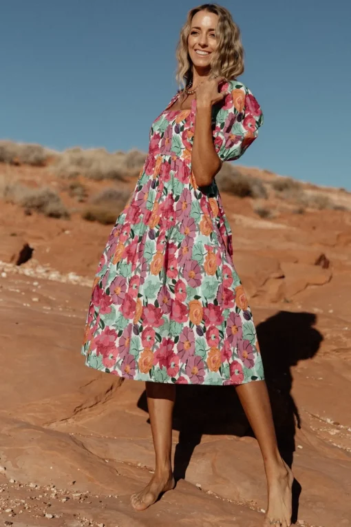 Aimee Puff Sleeve Midi Dress | Pink Multi | Baltic Born Sale