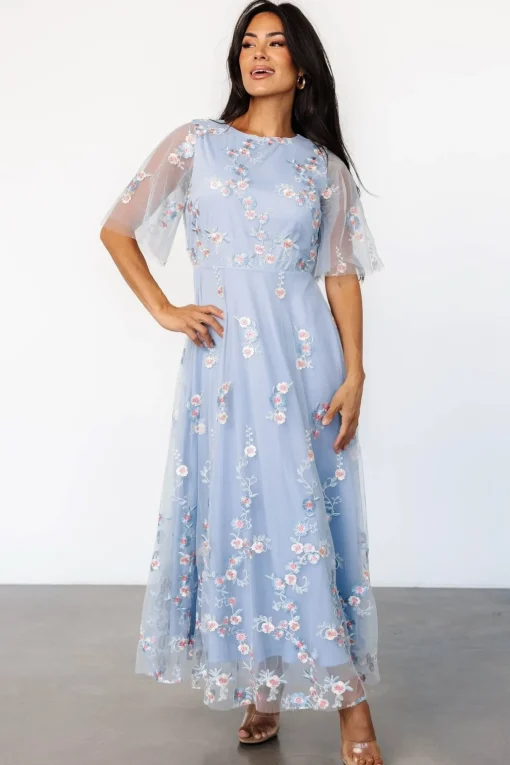 Arabella Embroidered Tulle Maxi Dress | Light Blue + Blush | Baltic Born Flash Sale