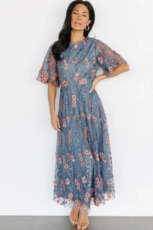 Arabella Embroidered Tulle Maxi Dress | Blue + Pink | Baltic Born Online