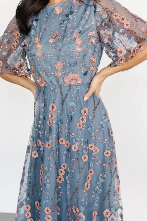 Arabella Embroidered Tulle Maxi Dress | Blue + Pink | Baltic Born Online