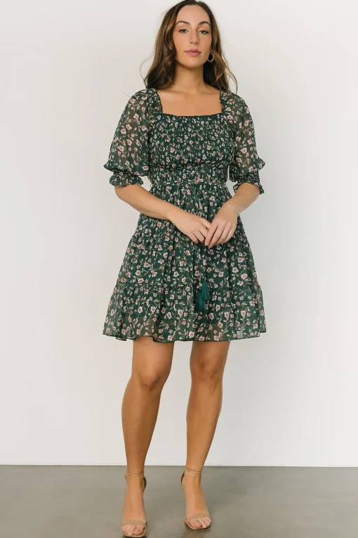 Azlyn Smocked Short Dress | Green + Pink Floral | Baltic Born New