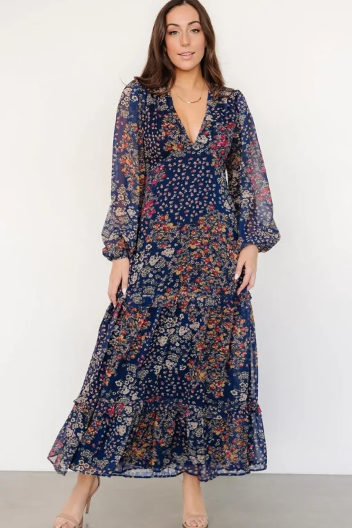 Bowman Deep V Maxi Dress | Dark Blue Multi | Baltic Born Outlet