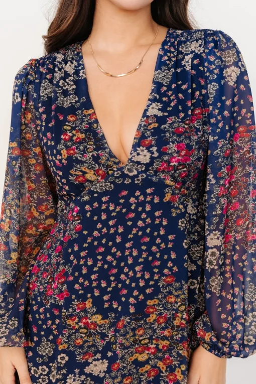 Bowman Deep V Maxi Dress | Dark Blue Multi | Baltic Born Outlet