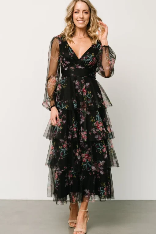 Carolina Tulle Tiered Maxi Dress | Black Floral | Baltic Born Hot