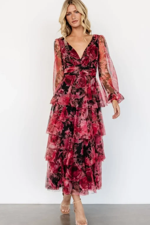 Carolina Tulle Tiered Maxi Dress | Red + Black Floral | Baltic Born Clearance