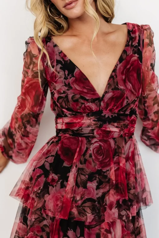 Carolina Tulle Tiered Maxi Dress | Red + Black Floral | Baltic Born Clearance