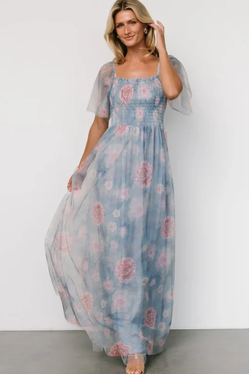 Cassandra Tulle Maxi Dress | Light Blue + Pink Floral | Baltic Born Cheap