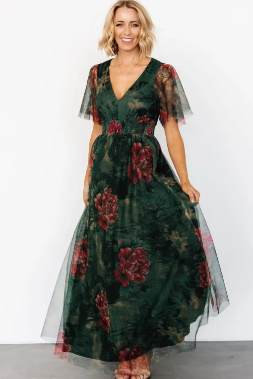 Cressida Tulle Maxi Dress | Dark Green + Red Floral | Baltic Born Online