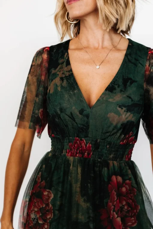 Cressida Tulle Maxi Dress | Dark Green + Red Floral | Baltic Born Online