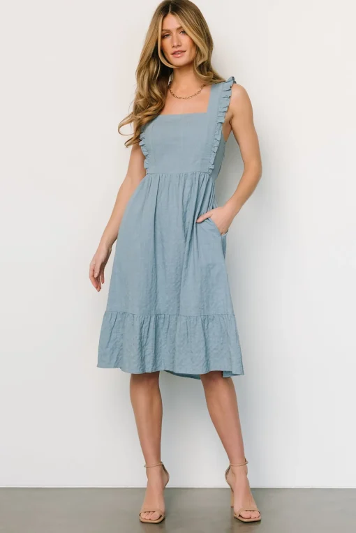 Gretta Ruffle Tie Back Midi Dress | Dusty Blue | Baltic Born New