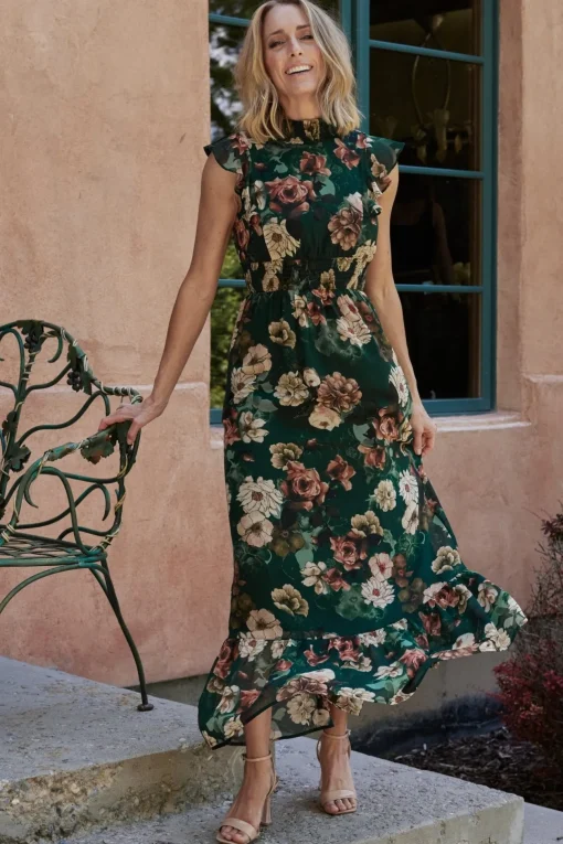 Kearny Ruffle Maxi Dress | Dark Green Floral | Baltic Born Outlet