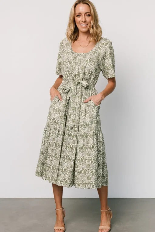 Lyla Midi Dress | White + Olive Print | Baltic Born Discount
