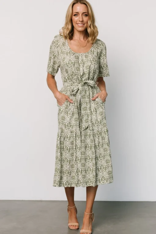 Lyla Midi Dress | White + Olive Print | Baltic Born Discount
