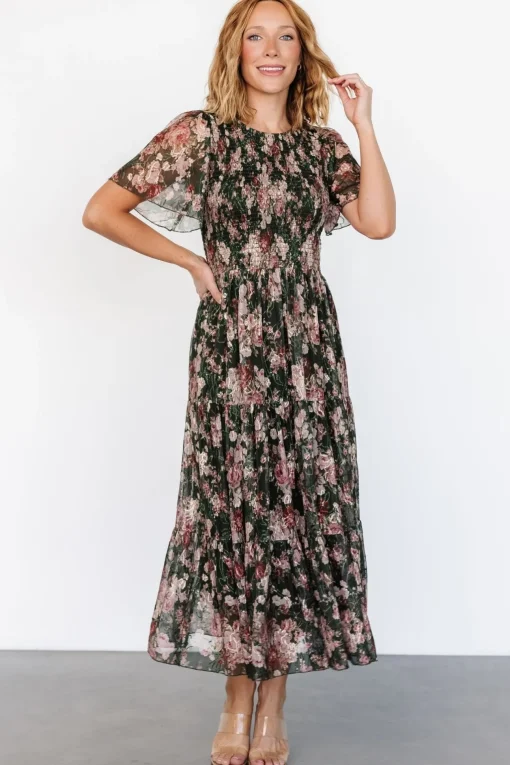Mara Embroidered Tulle Dress | Dark Green + Blush Floral | Baltic Born Hot