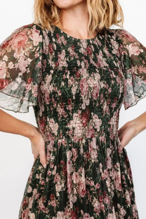 Mara Embroidered Tulle Dress | Dark Green + Blush Floral | Baltic Born Hot
