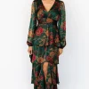 Montrouge Tiered Satin Dress | Emerald Floral | Baltic Born Clearance