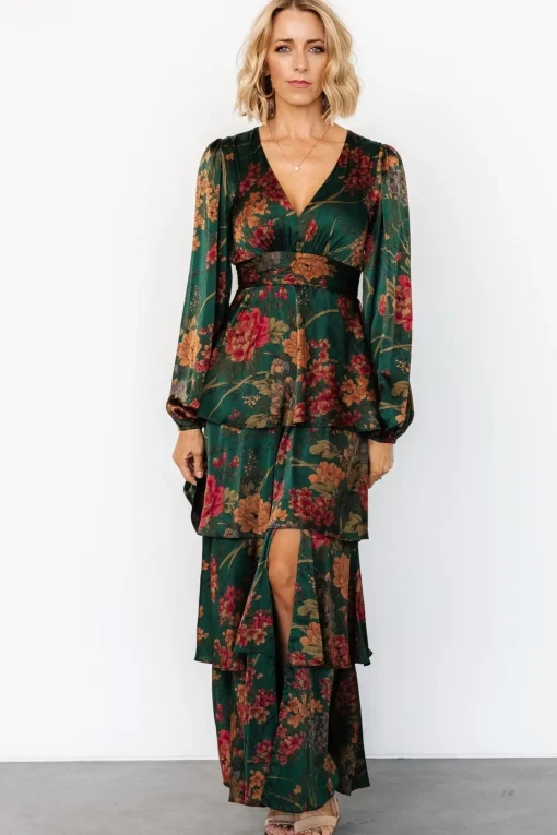 Montrouge Tiered Satin Dress | Emerald Floral | Baltic Born Clearance