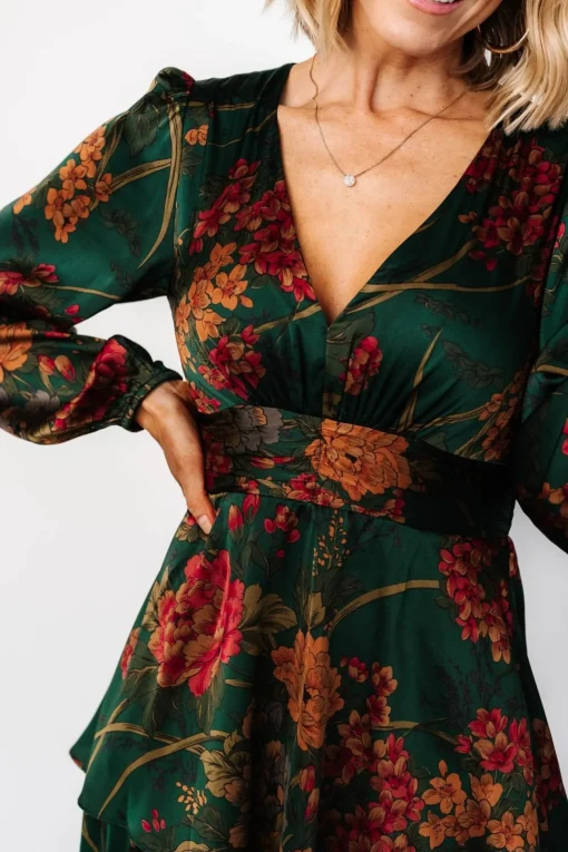 Montrouge Tiered Satin Dress | Emerald Floral | Baltic Born Clearance