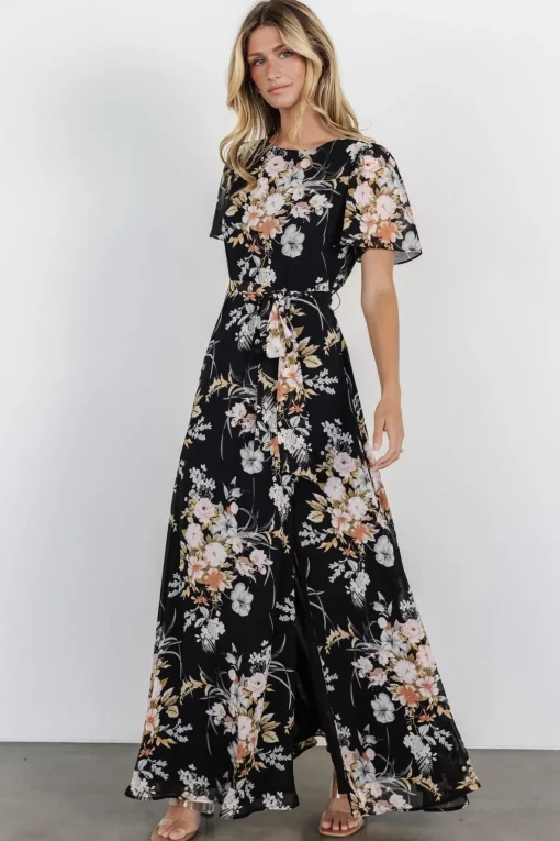 Naomi Short Sleeve Maxi Dress | Black Floral | Baltic Born Clearance