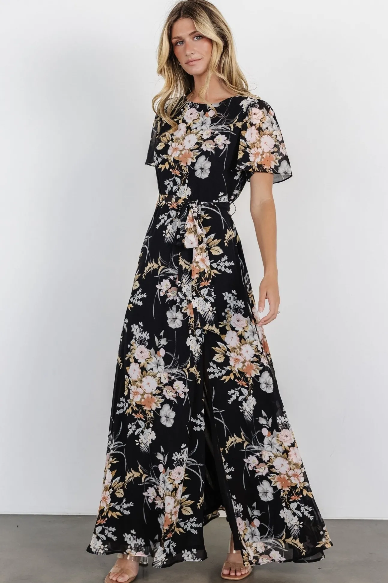 Naomi Short Sleeve Maxi Dress | Black Floral | Baltic Born Clearance