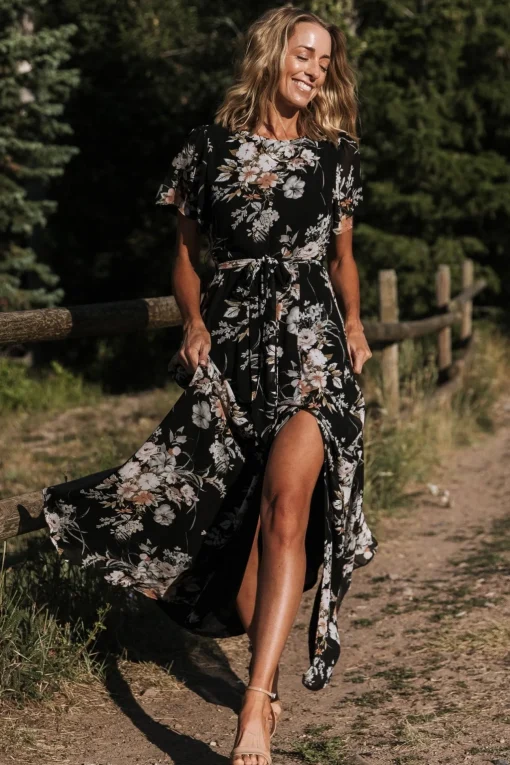 Naomi Short Sleeve Maxi Dress | Black Floral | Baltic Born Clearance