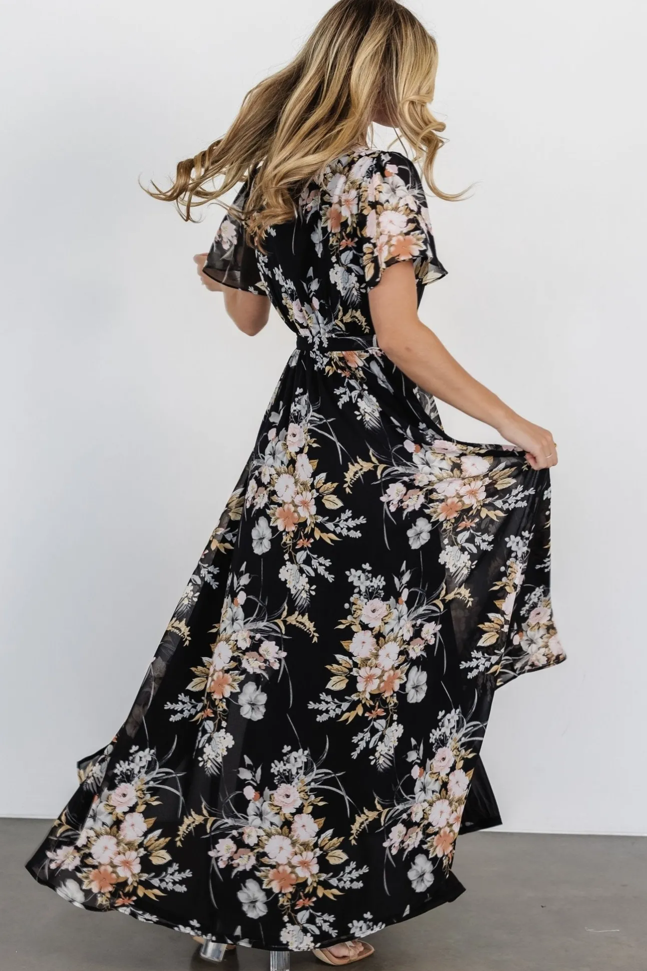 Naomi Short Sleeve Maxi Dress | Black Floral | Baltic Born Clearance
