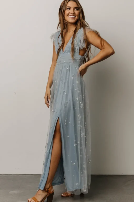 Nova Shimmer Maxi Dress | Dusty Blue + Silver | Baltic Born Discount