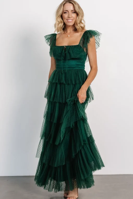 Valora Swiss Dot Tulle Maxi Dress | Dark Green | Baltic Born Hot